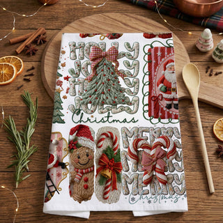 christmas kitchen towel outdoor holiday home scene
kitchen towel held in front of christmas tree lights
holiday towel styled with snow and decorations
christmas towel styled rustic outdoor porch decor
holiday towel lifestyle snowy christmas aesthetic
kitchen towel styled with wooden utensils baking