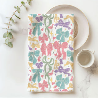 Spring ribbon kitchen towel colorful bow bunny design
Cottagecore Easter towel pastel bows ribbons
Farmhouse bow kitchen towel spring bunny pattern