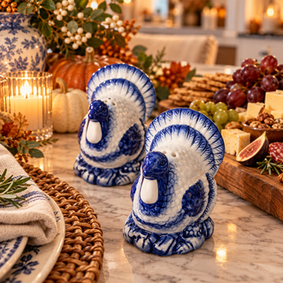 Blue and white Thanksgiving kitchen accessories
Thanksgiving turkey table decorations
Turkey condiment shakers with serving tray
Fall kitchen decor turkey salt and pepper set