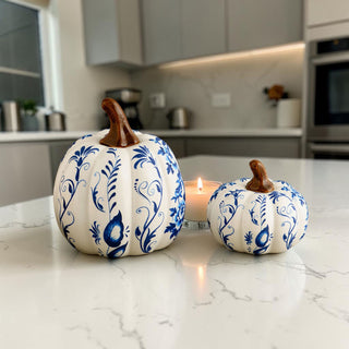 blue and white chinoiserie pumpkin decor set for kitchen counter styling
set of 3 blue white pumpkins for neutral fall home decor aesthetic
resin chinoiserie pumpkins blue and white for modern farmhouse decor
decorative pumpkins blue white floral pattern for fall home styling
blue and white pumpkins for elegant autumn table centerpiece
chinoiserie pumpkin decor set styled in neutral modern kitchen
blue white pumpkins fall decor styled on marble countertop