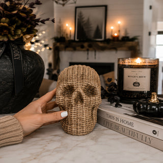 boutique halloween decor skull heads rattan basketweave style neutral brown white fall table accent wicker texture
modern rustic skull heads rattan basketweave texture neutral brown white halloween fall gothic decor wicker style
Elevated Halloween Wholesale Home Decor
Elevated Halloween Trend Decorations for resale