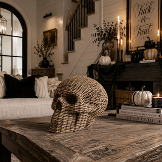 USA wholesalers for luxury Halloween Home Deocratons and Home Accents. 
Rattan style resin skull decor basketweave texture neutral brown white halloween fall table accent durable
natural finish skull decor rattan basketweave style neutral brown white halloween fall gothic accent wicker texture
neutral tone skull heads rattan basketweave texture brown white halloween fall decor gothic accent wicker style