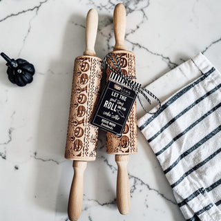 Halloween cookie roller for sugar cookies
pumpkin rolling pin flat lay kitchen styling
engraved rolling pin baking cookies Halloween
Halloween baking tool gift for mom
wooden pumpkin rolling pin farmhouse kitchen decor
Halloween baking accessory cookie roller