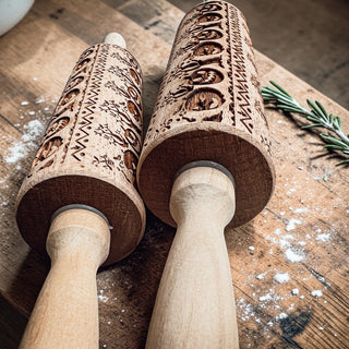 Halloween pumpkin rolling pin close up detail
embossed cookie dough rolling pin Halloween design
wooden rolling pin with engraved pumpkins
Halloween baking rolling pin on marble countertop
pumpkin pattern dough roller rustic kitchen
Halloween cookie roller with detailed imprint