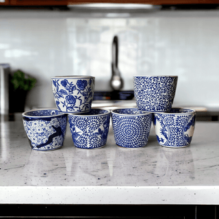 blue and white planter pot Cachepots Blue and White, Hand Painted Cachepot Planter Chinoiserie Style 6pk: 1 of each