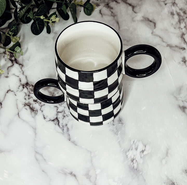 Gingham print mugs bw ceramic