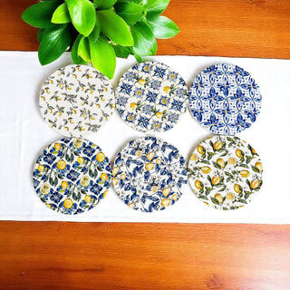 Mediterranean lemon ceramic coasters blue yellow citrus pattern luxury drink coasters cork back
curated ceramic coaster set Mediterranean lemon design luxury blue yellow chinoiserie patterns cork backing