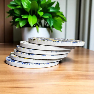 coastal style ceramic coasters Mediterranean lemon design blue yellow summer home decor cork back