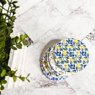 premium quality ceramic coasters Mediterranean lemon design luxury blue yellow patterns cork back table accessories