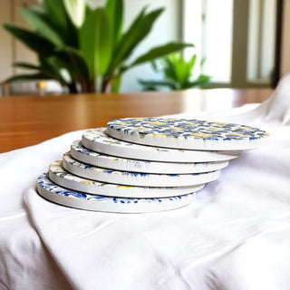 premium ceramic drink coasters Mediterranean style lemon citrus blue yellow patterns cork back 