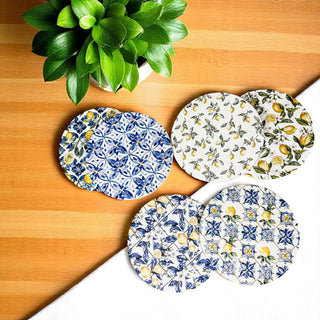 luxury hostess gift ceramic coasters Mediterranean lemon pattern blue white cork back entertaining