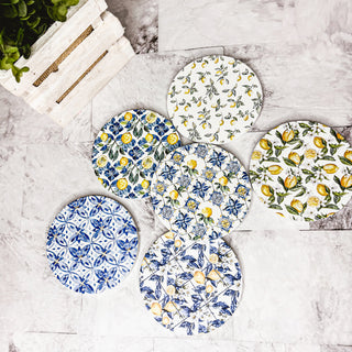 non-slip ceramic coasters Mediterranean lemon pattern luxury blue white chinoiserie cork backing drink accessories