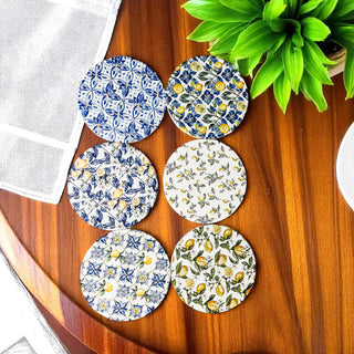 heat resistant ceramic coasters Mediterranean lemon design luxury blue yellow patterns cork back table protection