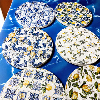 High-end ceramic drink coasters Mediterranean lemon design blue yellow patterns cork backing table protection
ceramic coaster collection Mediterranean lemon patterns 6 designs luxury blue white yellow cork backing