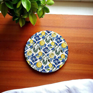 luxury ceramic drink coasters Mediterranean lemon chinoiserie blue white pattern cork back