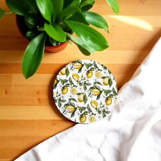 artisan made ceramic coasters Mediterranean lemon citrus design premium blue white patterns cork back protection