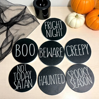Drink Up Witches purple ceramic coaster for Halloween parties
Feeling Wicked green Halloween coaster with cork protection
Complete set of Halloween saying coasters in multiple colors