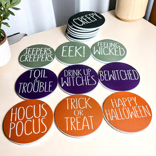 Halloween entertaining essentials
Dunn Halloween 
Rae Dunn Halloween Tabletop Decor
Halloween Coasters Set
Colorful Halloween
Funny Halloween Quote Decor