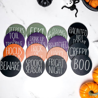 Gia Roma Halloween coaster collection featuring black, orange, purple and green designs with cork backing
Premium ceramic Halloween coasters with funny sayings, available for wholesale
Microwave and dishwasher safe Halloween coasters with protective cork base
