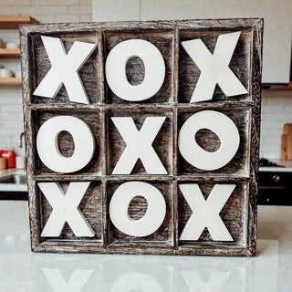 Handcrafted wooden XO game farmhouse coffee table decor
Complete wooden tic tac toe game board with X and O pieces
Rustic farmhouse tic tac toe board game full set display
Distressed wood tic tac toe tabletop game complete set
