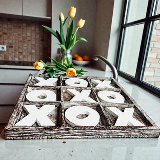 Whitewashed farmhouse tic tac toe board game
Dark wood rustic tic tac toe game board
Light wood farmhouse XO game board decor
Stained wood tic tac toe board rustic finish
Painted white letters wooden game board farmhouse