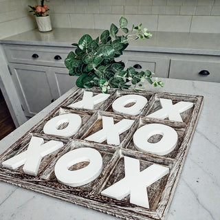 Handmade wooden XO game board rustic home decor
Distressed wood tic tac toe tabletop game complete set
Farmhouse style wooden game board with white XO letters
Rustic wooden tic tac toe decor piece handmade USA