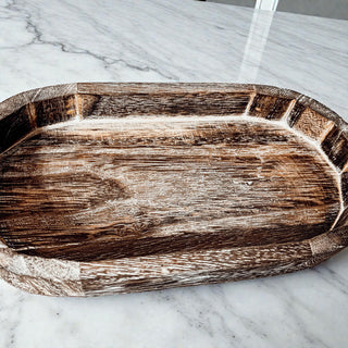 Handmade wooden trinket tray perfect for organizing jewelry, keys & bathroom essentials! Rustic farmhouse style in 2 finishes. Shop Gia Roma for unique home decor. #woodentray #farmhousedecor #bathroomorganization #jewelryholder