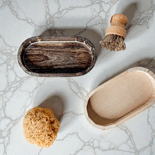 small wooden trinket tray on bathroom vanity
rustic distressed Paulownia wood dough bowl tray
natural wood jewelry holder dish on bedside table
farmhouse style wooden catch all tray for keys