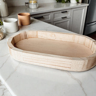 rustic wooden tray styled with pink flowers
natural wood decorative tray for shelf styling
oval wood trinket tray for modern rustic decor
lightweight Paulownia wood catchall for small items