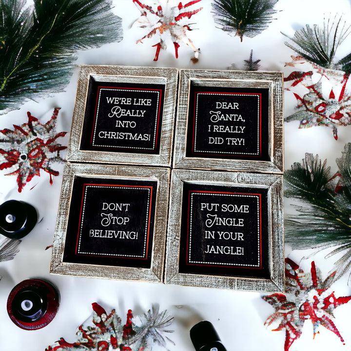 Funny Christmas Sign Set of 4, Square small Wooden Holiday Decoration Signs