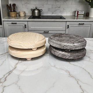 Round wooden pedestal trays rustic and natural wood finish comparison
Handmade elevated wood tray with feet farmhouse home decor
Raised wooden organizer trays showing rustic distressed and natural finishes
