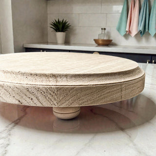 Handmade wooden display stand with necklaces and bracelets
Natural wood pedestal tray jewelry organization ideas
Elevated wooden organizer tray with watches and accessories
Round wooden tray with feet holding candles farmhouse decor