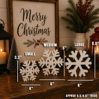 White wooden snowflakes displayed in a cozy Christmas home
Christmas mantel décor featuring white snowflake decorations
Freestanding white snowflakes styled with holiday greenery
Wooden snowflake decorations beside a glowing Christmas tree
White snowflake figurines in a rustic holiday display
Farmhouse Christmas décor with freestanding wooden snowflakes
White winter decorations styled with evergreen branches and lights
Wooden snowflake tabletop décor in a festive living room