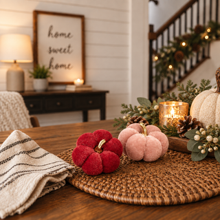 Seasonal pumpkin napkin rings
Elegant Thanksgiving napkin rings
Pink fall table decor
Blush Thanksgiving table decor
Velvet pumpkin fall decor
Pumpkin place setting accessories
Thanksgiving place setting decor