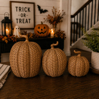 Cute Fall Decor for home, trending autumn decorations
Resin pumpkin set
Transitional fall decor
Natural look pumpkins
Fall centerpiece resin pumpkins rattan basketweave style 3 sizes autumn table decor neutral pumpkin display
