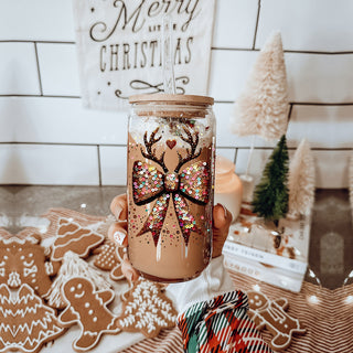 Cute Christmas drinkware glitter sequin glass tumbler 17oz - Holiday reindeer bow coffee cup bamboo lid
Christmas party favors sparkly glass cup 17oz - Holiday glitter reindeer bow coffee tumbler bamboo lid gift