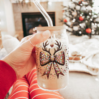 Bulk Reusable glitter tumbler for Christmas - sequin bow and reindeer holiday design
Holiday party drinkware - sparkly Christmas bow and reindeer antlers tumbler
Christmas glam tumbler - glitter bow and antlers festive glass cup