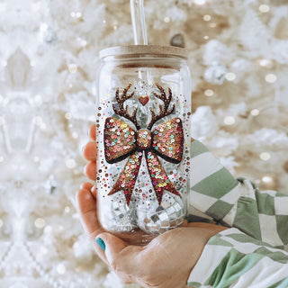 Christmas sparkle drinkware glass tumbler 17oz - Glitter sequin reindeer bow bamboo lid - Holiday glamour coffee cup