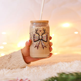 Christmas bling glass cup 17oz glass straw - Glitter sequin reindeer bow holiday tumbler bamboo lid - Sparkly festive gift