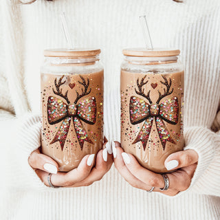 Christmas stocking stuffers glitter tumbler 17oz - Holiday sequin bow reindeer glass cup bamboo lid gift
Secret Santa gifts sparkly glass tumbler 17oz - Christmas glitter reindeer bow coffee cup bamboo lid under $25