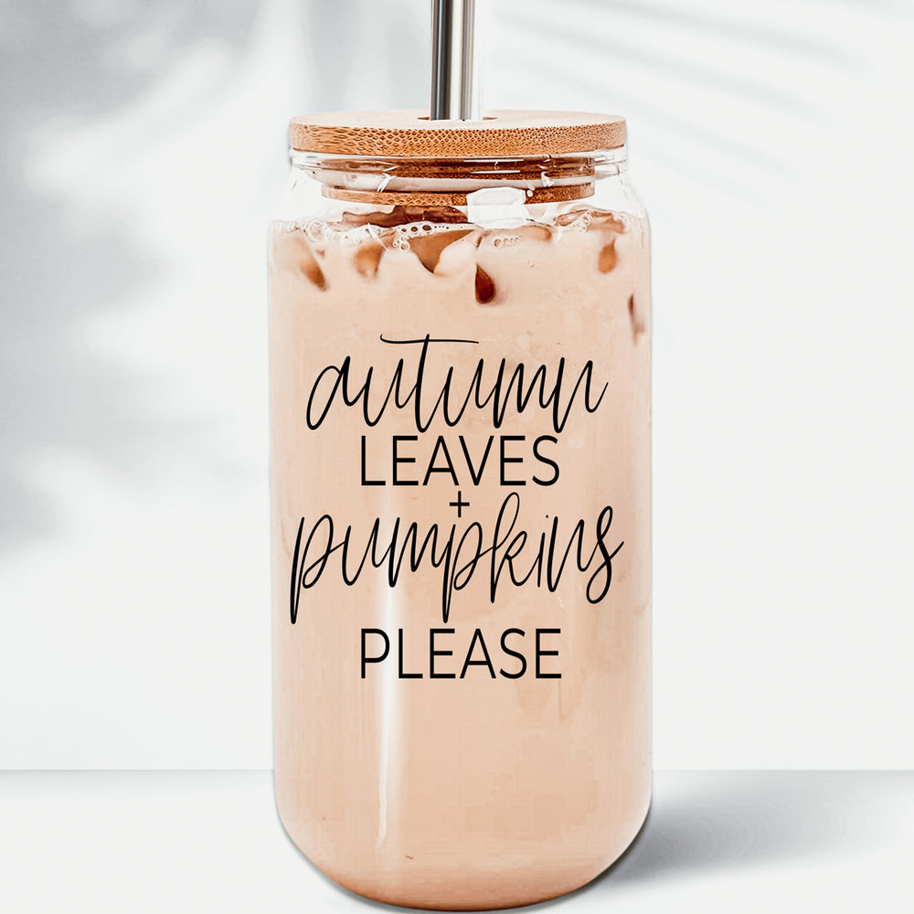Autumn leaves + Pumpkins Please drinking glass with lid
