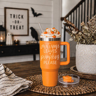 Orange fall drink tumbler with autumn leaves text
Seasonal tumbler with autumn leaves and pumpkin quote
Cute orange tumbler for fall with pumpkins please saying
Autumn-inspired tumbler with orange design and fall quote
Orange coffee tumbler with autumn leaves plus pumpkins please
Fall aesthetic tumbler with cozy pumpkin season message
Decorative orange tumbler with autumn leaves quote
Harvest season tumbler with pumpkins please text