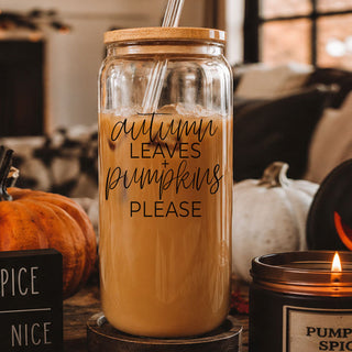 Cozy autumn coffee tumbler with eco-friendly straws
Fall season glass drinking tumbler with quote