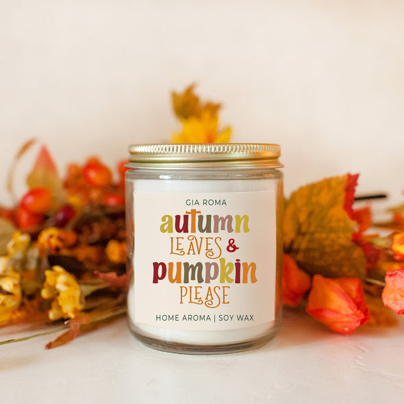Autumn Leaves & Pumpkin Please Candle, Soy Fall Scented Candles with Gold Lid
