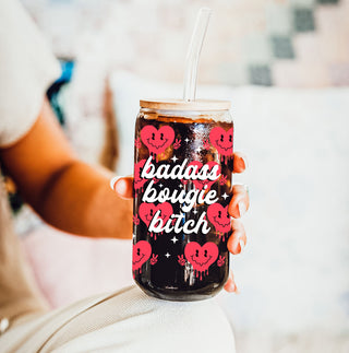 Best friend and sister Valentine’s Day gift ideas in bulk.
Funny and empowering 20oz glass cups for retail stores.
Galentine’s Day gifts featuring retro candy heart glass cups.