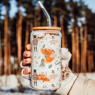 Holiday coffee tumbler gift – traditional Christmas glass cup for moms and home chefs
Coffee bar essential – neutral pastel Nutcracker Christmas glass cup