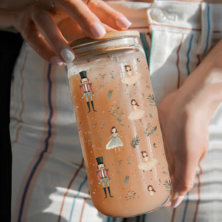 Ballet Christmas glass tumbler 17oz bamboo lid - Nutcracker ballerina pastel holiday coffee cup glass straw - Dance drinkware