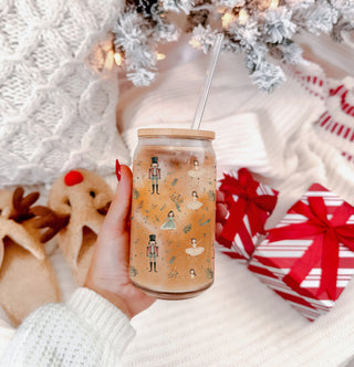 Christmas gifts for women glass tumbler 17oz - Nutcracker ballerina pastel holiday drinkware bamboo lid glass straw
Holiday coffee bar decor – pastel Nutcracker soldiers and ballerina glass cup for Christmas