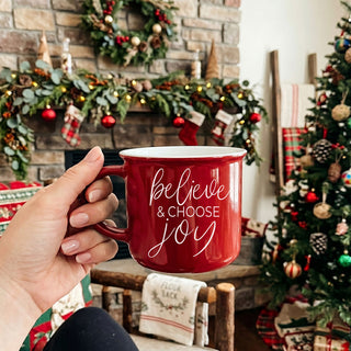 Christmas ceramic mug gift for coffee lovers
Festive holiday drinkware for hot cocoa
Cozy winter coffee mug with Christmas quote
Believe and Choose Joy holiday mug gift