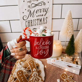 holiday hostess gift, Secret Santa gift idea, Christmas coffee bar decor, Christmas tiered tray decor, festive holiday drinkware, cute Christmas mug, inspirational Christmas mug, believe Christmas mug, choose joy mug, cozy holiday home decor.